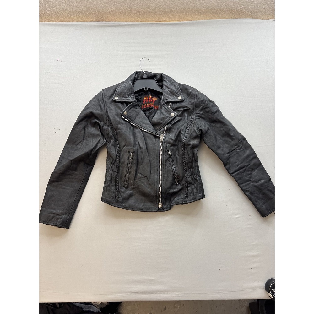 Hot Leathers Vintage Black Leather Motorcycle Jacket Braided Studded Womens XS